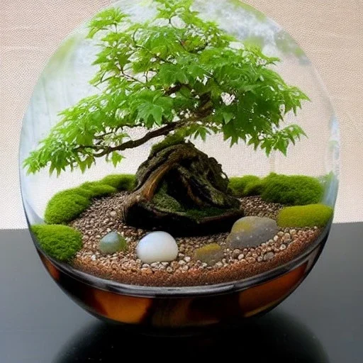 exquisite maple bonsai terrarium in a glass orb, petrified wood, pebbles, dewdrops, dappled sunlight, linen backdrop