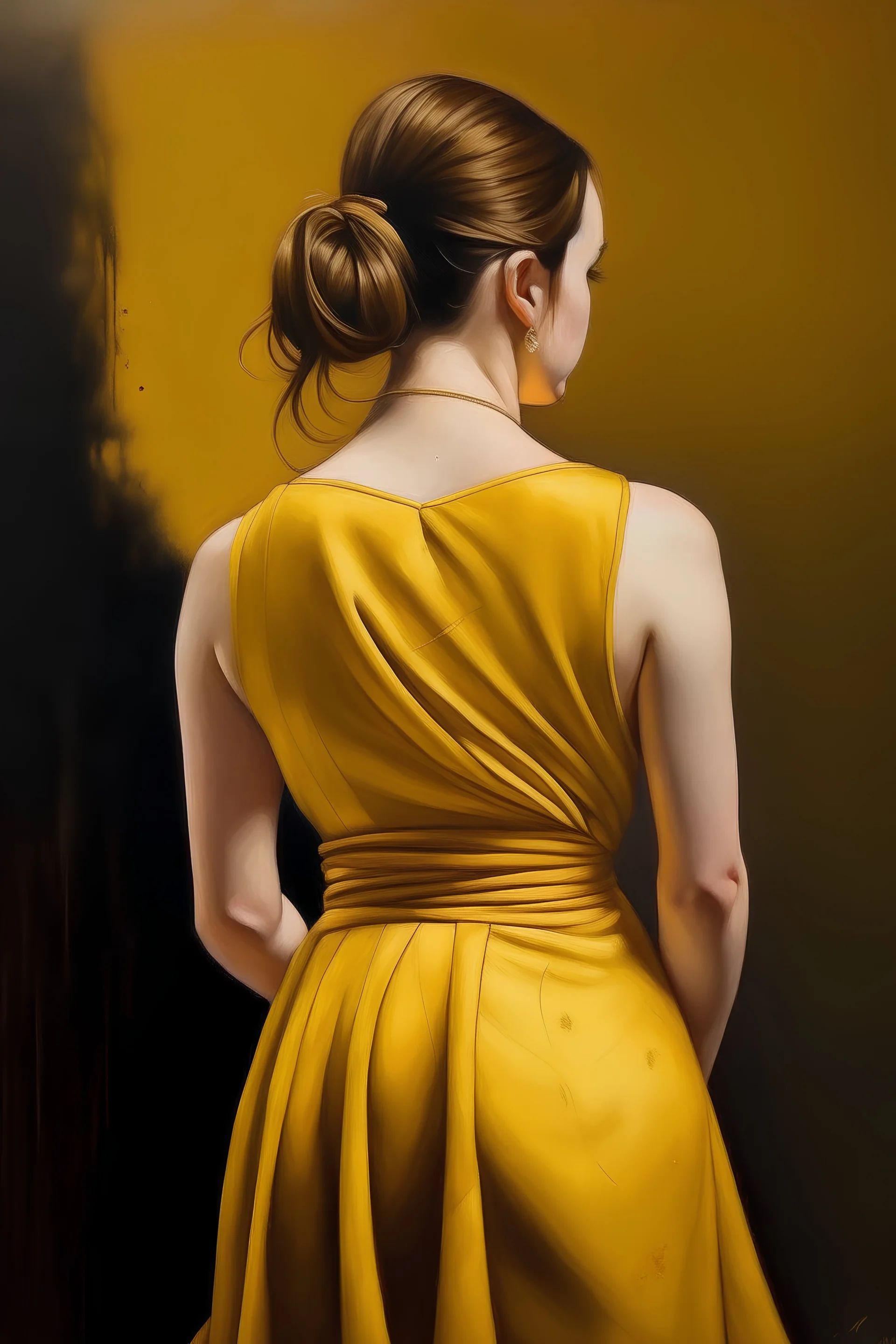 A realistic painting of a woman in a yellow dress facing away from the camera