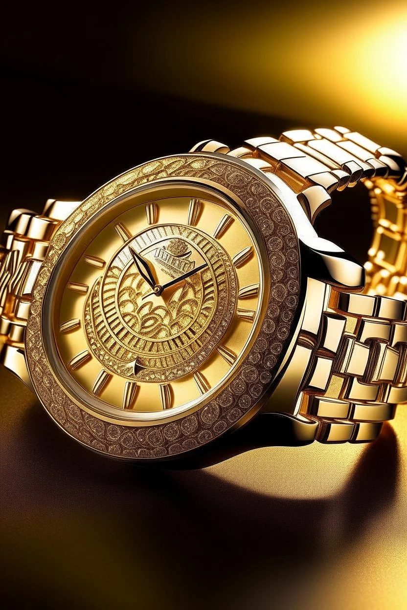 Create a captivating image of a luxurious frosted watch, bathed in soft, golden sunlight. The watch should be the centerpiece, with intricate details on the face and strap, accentuating its elegance and craftsmanship."