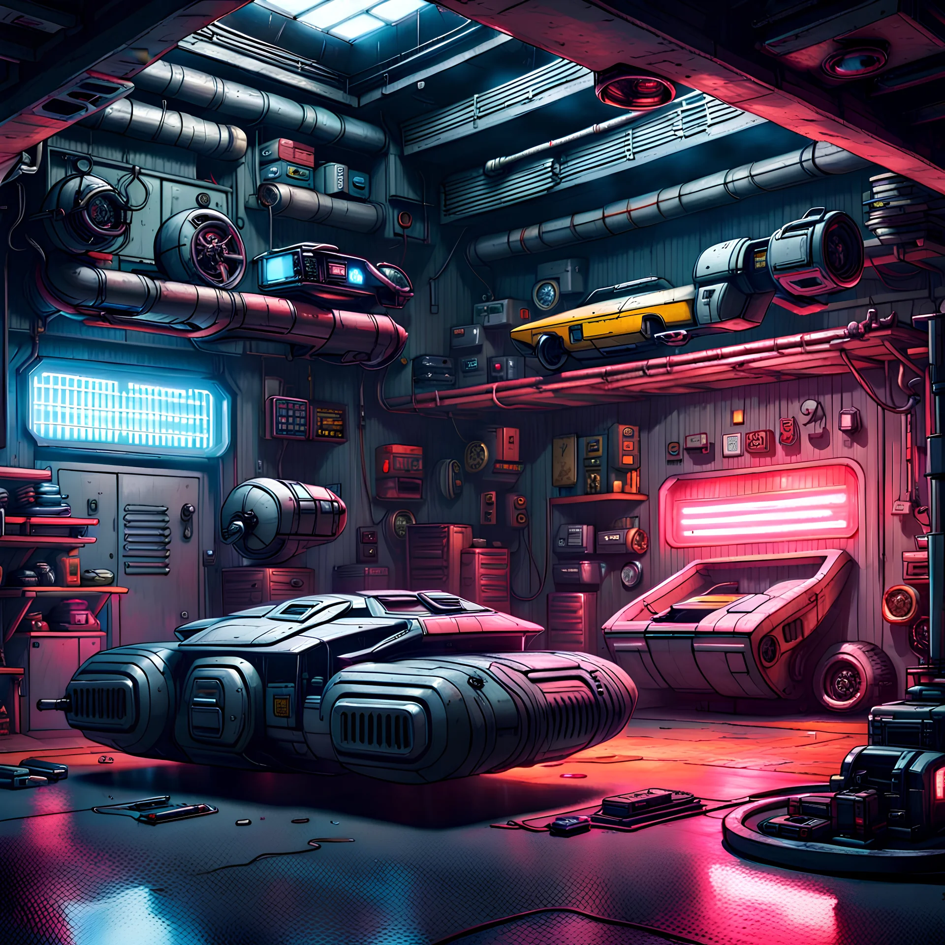 cyberpunk garage containing hovercraft