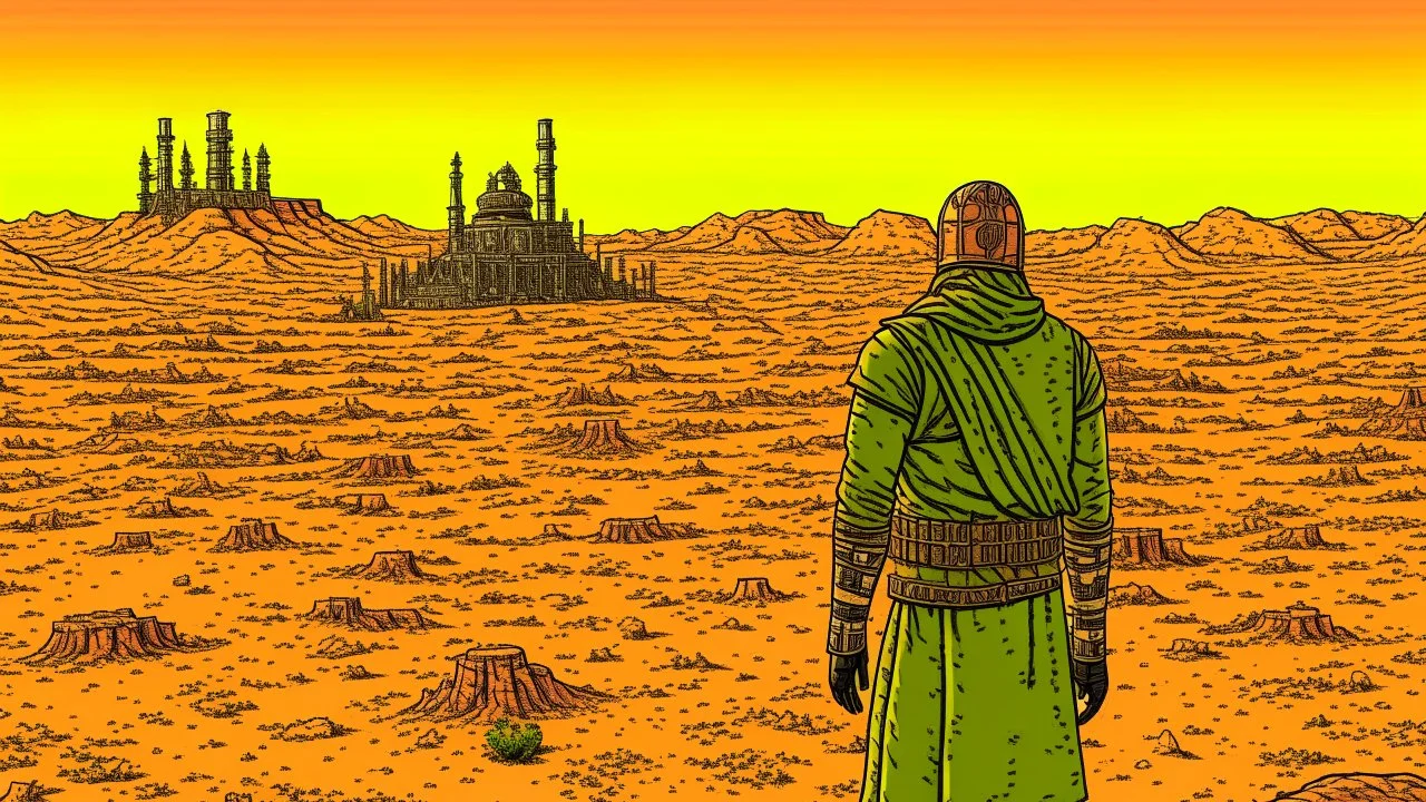 Desert warrior from behind looking at a city in the distance, comic style