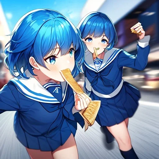 Clear focus,High resolution, Vibrant short blue hair, Vibrant blue eyes, Wearing a sailor uniform, Running with toast in her mouth