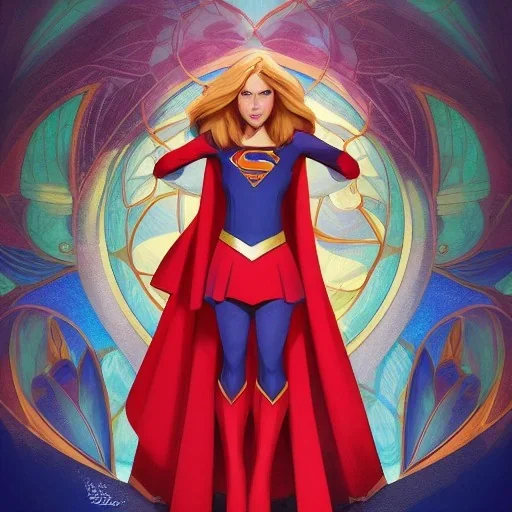 A beautiful portrait of supergirl, symmetrical features, cinematic lighting, soft bokeh, fantasy, modern, colourful, highly detailed, digital painting, artstation, deviantart, concept art, sharp focus, illustration, by alphonse mucha