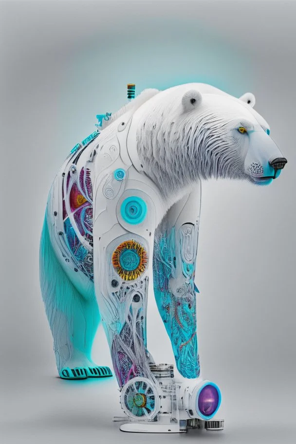 poetical, surreal minimalistic artwork, a tattooed maori, a cyberpunk polar bear, with a surreal engine mechanism, side view, in the style of Max Ernst, Renè Magritte, vivid colors, photo realistic web edition, ambient occlusion, strong top light , on white background