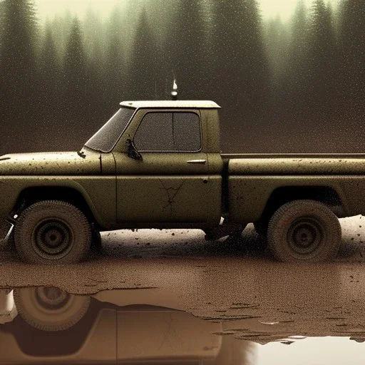 hyperrealistic shot, muddy military pickup truck, heavy guns mounted on back, monotone color palette, sharp focus, puddle reflection, tire water splash, refraction, mist on the horizon, shadowcast, god rays, detailed and intricate, cinematic composition, micro, tilt shift photography