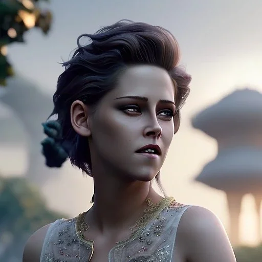 pixar style, volumetric summer garden environment and background, realistic painting of Kristen Stewart, looking excited, volumetric lighting, dramatic lighting, detailed digital painting, extreme dense and fine fur, anime, ornate, colour-washed colors, elegant, small minutiae, tiny features, particulars, centered, smooth, sharp focus, renderman gofur render, 8k, uhd, detailed eyes, realistic shaded volumetric lighting, sunlight caustics, backlight, centered camera view