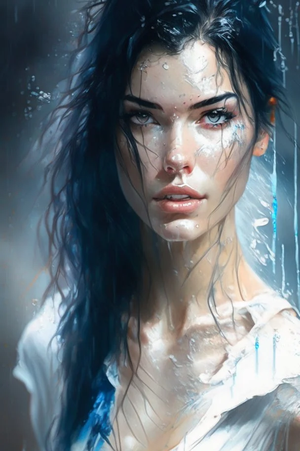 beautiful caucasian woman, age 23, wearing trendy wet white T-shirt, light black hair, Attractive posing, Full body, perfect detailed face, frame the head, blue-eye, glamour, wet skin, Wet hair, rain, hyperdetailed painting, luminism, art by Carne Griffiths and Wadim Kashin concept art, 8k resolution, fractal isometrics details bioluminescens , 3d render, octane render, intricately detailed , cinematic, trending on artstation Isometric gritty, realistic mucha, intricate, high definition,