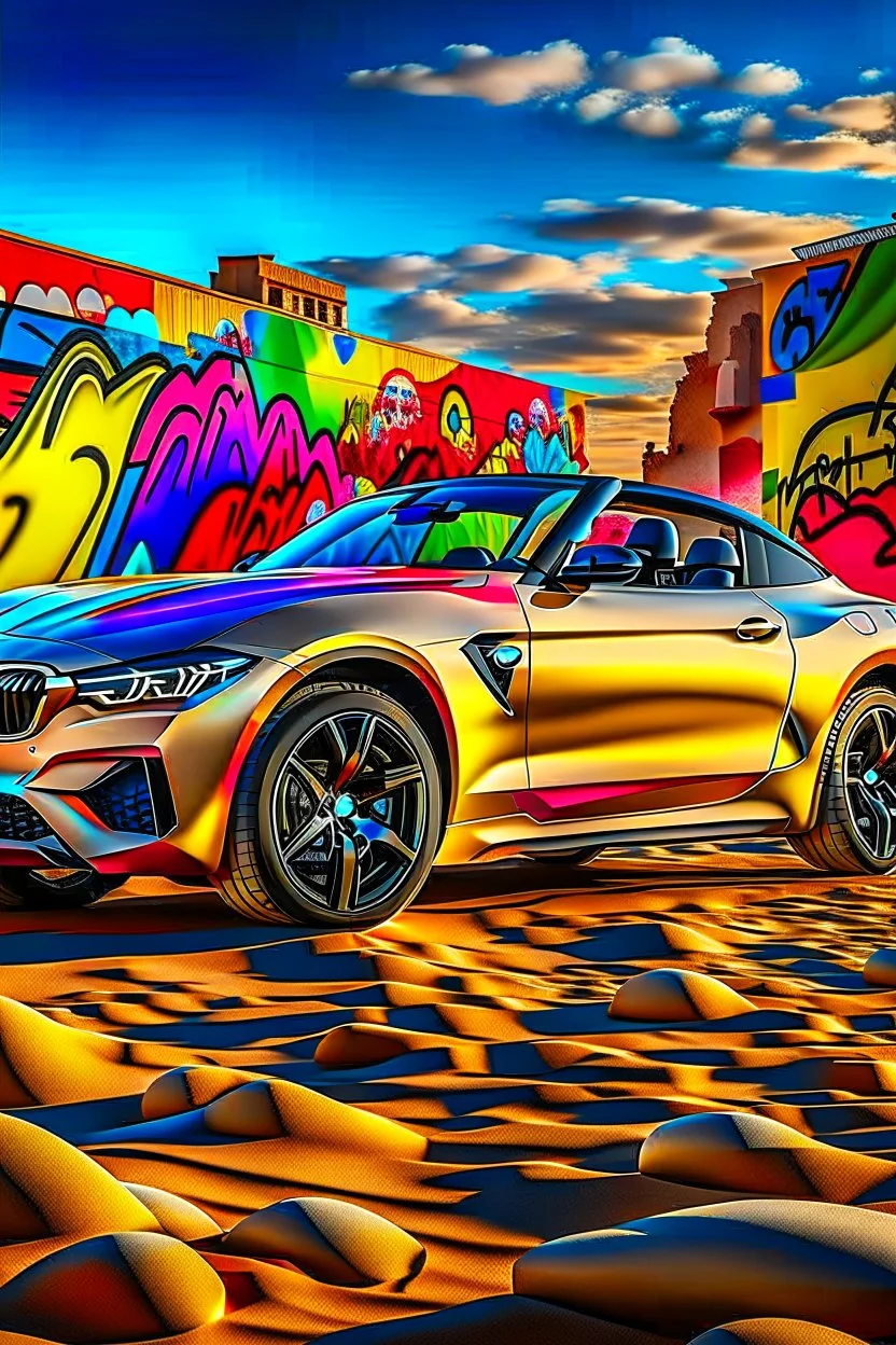 a realistic photo of a 2025 bmw z4,the car is spray painted with graffiti, desert background with sand storm to make the car stand out, colorful and stylish graffiti, 12k highly detailed and realistic , Masterpiece, dramatic product shot