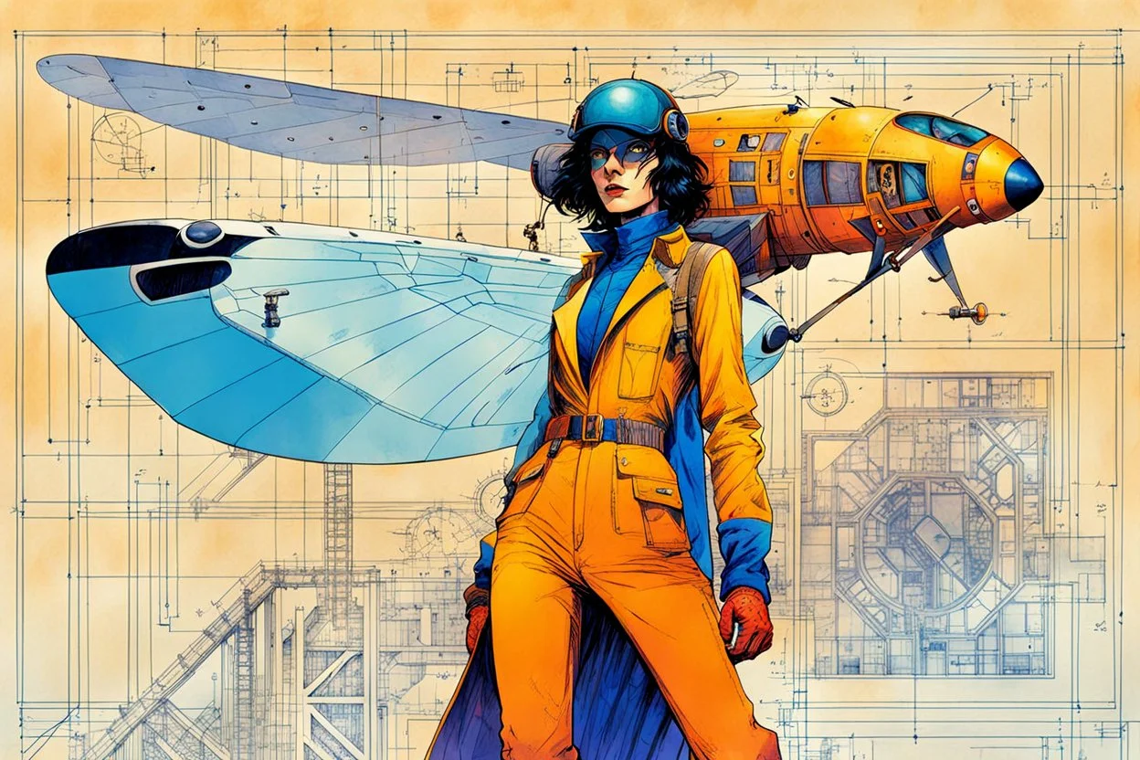 Hand drawn technical,full body portrait illustration , with detailed blueprints and engineering schematics of a walking Tiger moth insect girl, in the comic book art style of BILL SIENKIEWICZ and JEAN GIRAUD MOEBIUS, with highly detailed facial features, drawings, and technical notation, 8k, vibrant natural colors