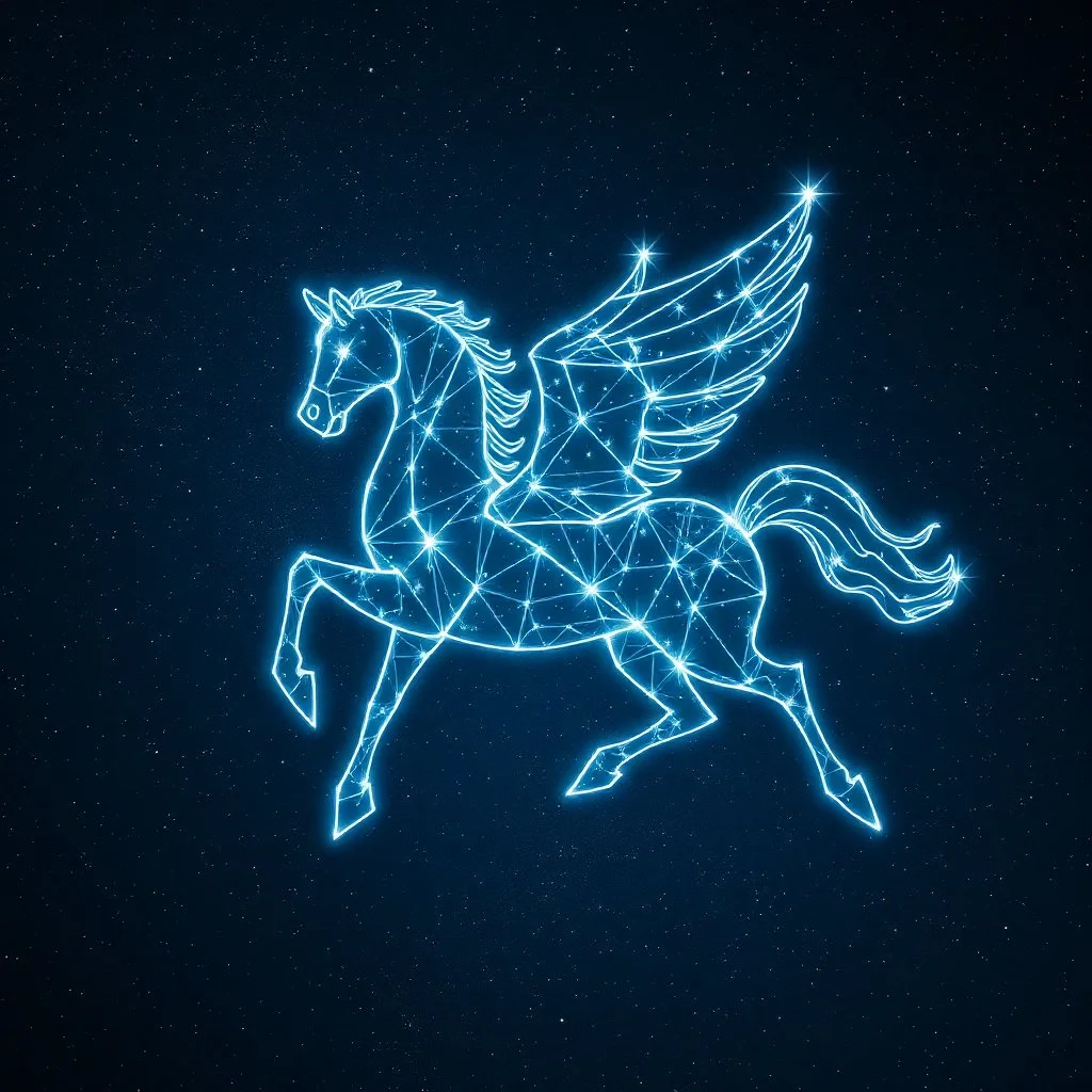 A star constellation in the form of a Pegasus in front of a deep space. Glowing lines connecting the stars that form the constellation. Digital Art. Digital Drawing