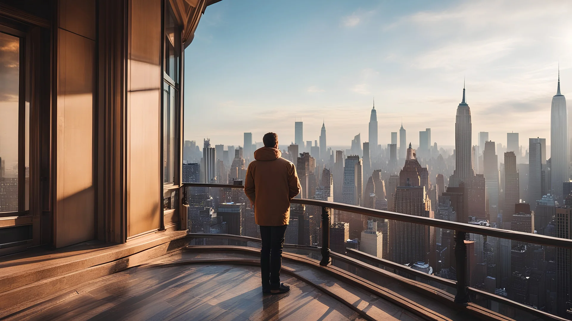 a close up view of a man standing on the balcony of a building while looking at a New York Manhattan, highly detailed, raw photo, procedural city, atmospheric, weather