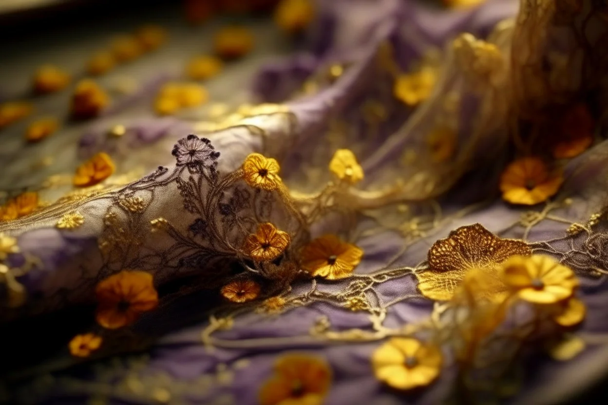 Lace embroidered with gold and lilac silk thread, flowers, melting watercolor and black ink outlines on wet paper, soft, shading strokes, in sunshine, ethereal, otherwordly, cinematic postprocessing, bokeh, dof