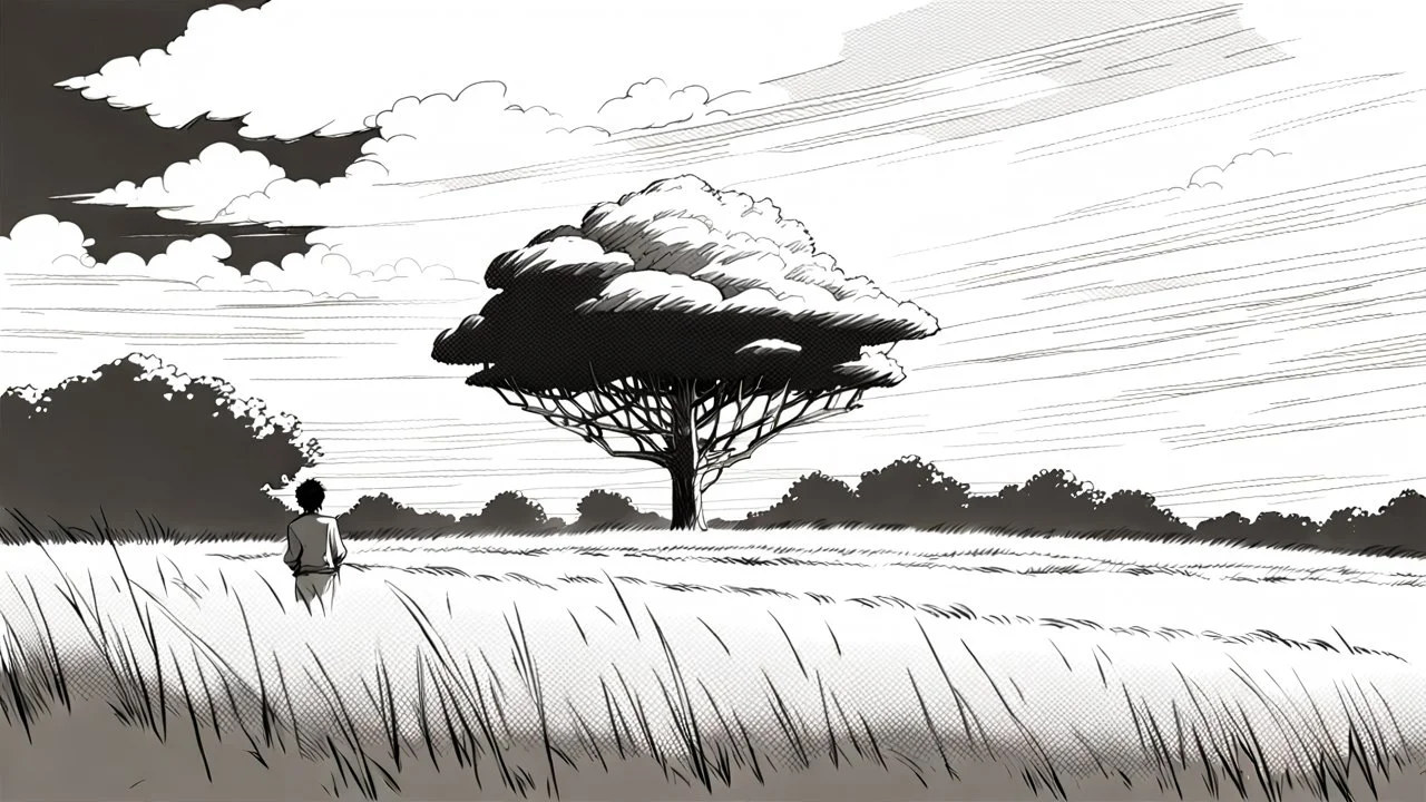 manga, makoto shinkai, monochrome, black background, sketch, simple, maximum quality, centered in frame, far view, in the middle of a grassy hill, white sky with cumulonimbus