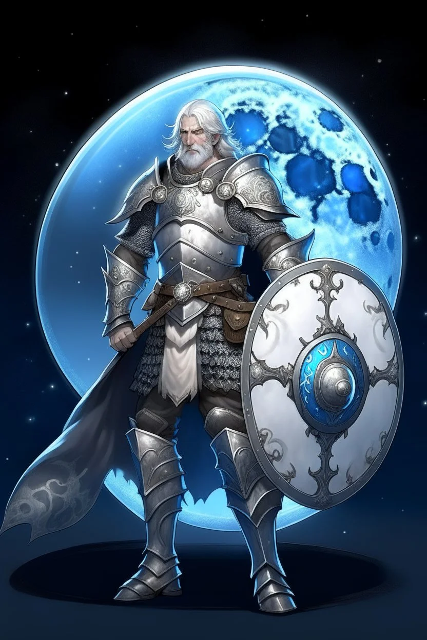 Please create an image for a 30-year old aasimar male with silver hair and a short, square beard and blue eyes. He is standing outside in the moonlight wearing plate armor and wielding a shield and a hammer. His equipment is adorned in multiple places with a crescent moon