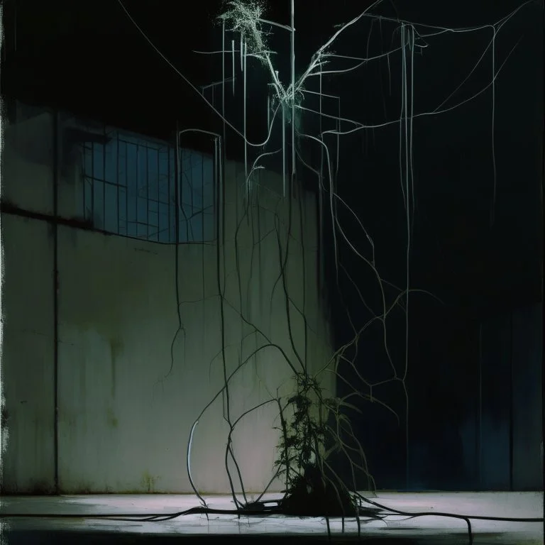 Minimal abstract oil painting of a plant in concrete warehouse brutalist architecture and hanging wires illuminated at night.In the style of Justin Mortimer and Phil Hale, Ashley Wood