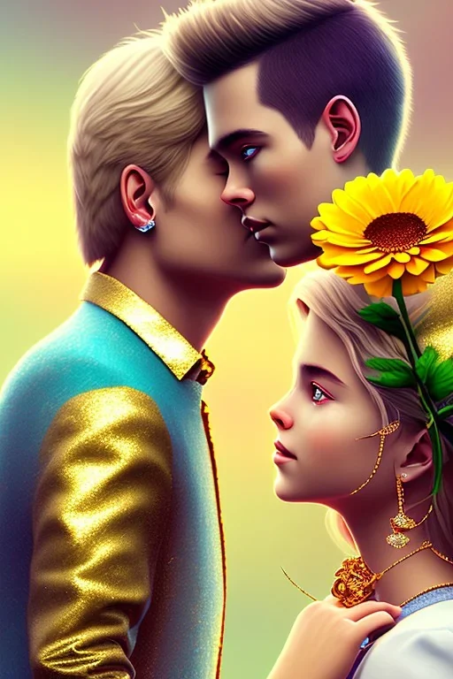 kissing humans, flowers, gold, gems, blonde girl and boy, cinematic, love, subject in the center