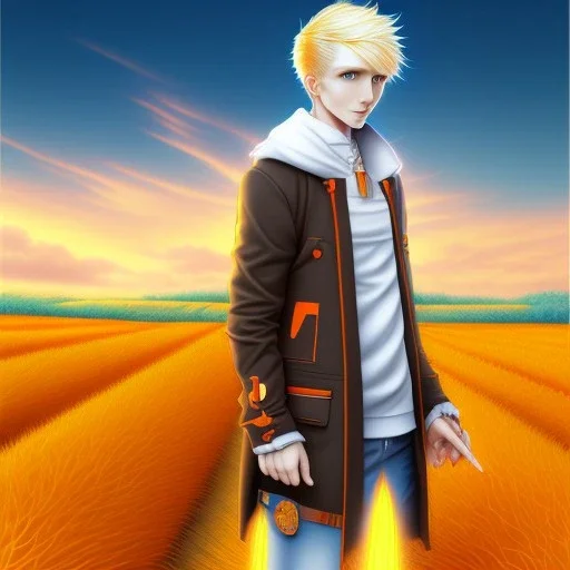 a man in a orange coat is standing in a field, blonde hair, concept art by Hiromu Arakawa, featured on pixiv, superflat, official art, anime, 2d