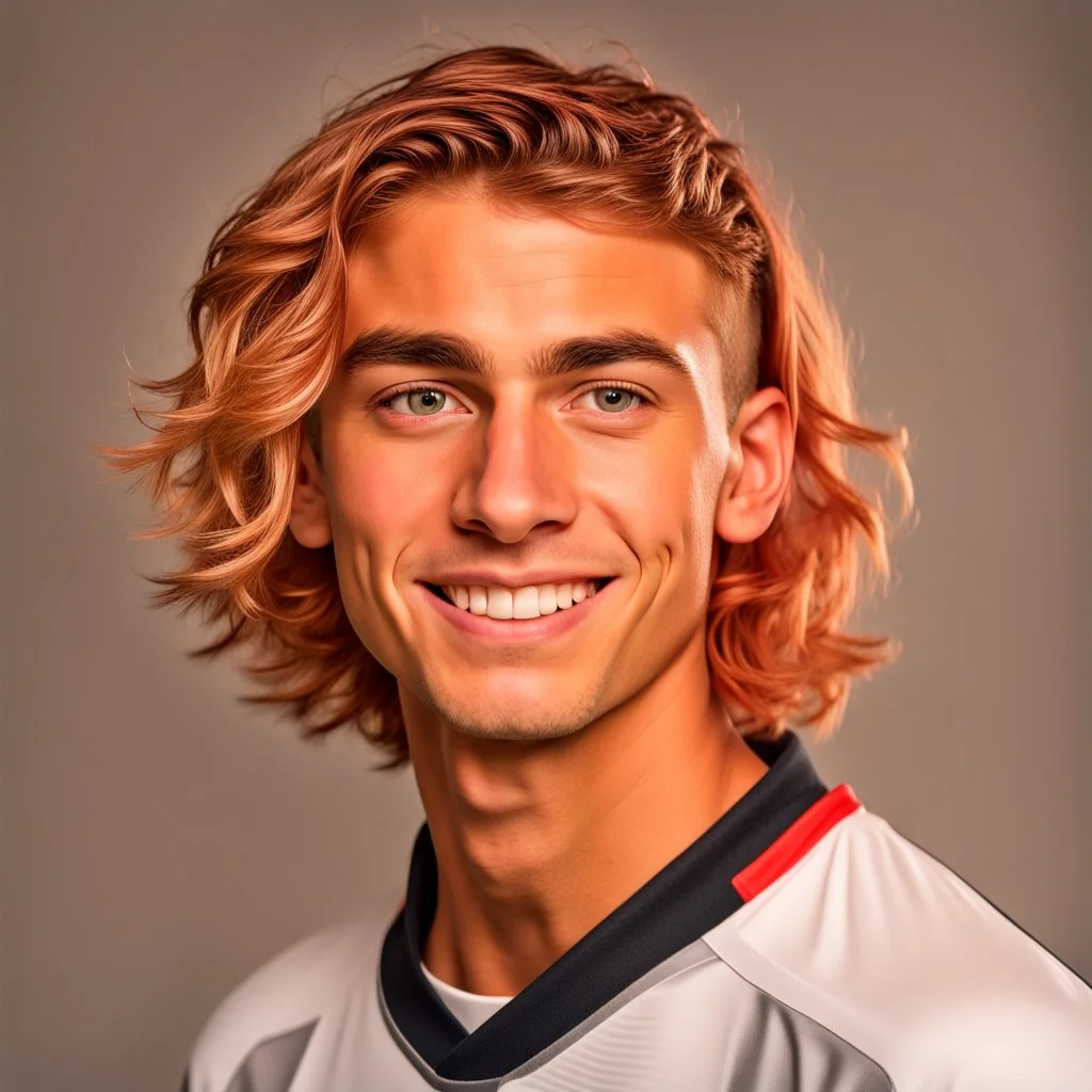 85mm DSLR color photography of a very detailed headshot fitting all of head and hair in frame. 18-year-old Italian soccer player, with rose gold hair color and no facial hair and has very short hair and with a small smile, grey background