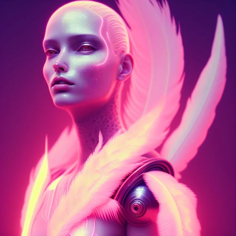 A beautiful portrait of a cute cyberpunk woman, grain on the skin, orange color scheme, high key lighting, volumetric light high details with white stripes and feathers full length clean art NFT, soft lighting, soft pastel gradients, high definition, blender 3d cinematic, op art, visionary art, sacred geometry, fractal, white balanced