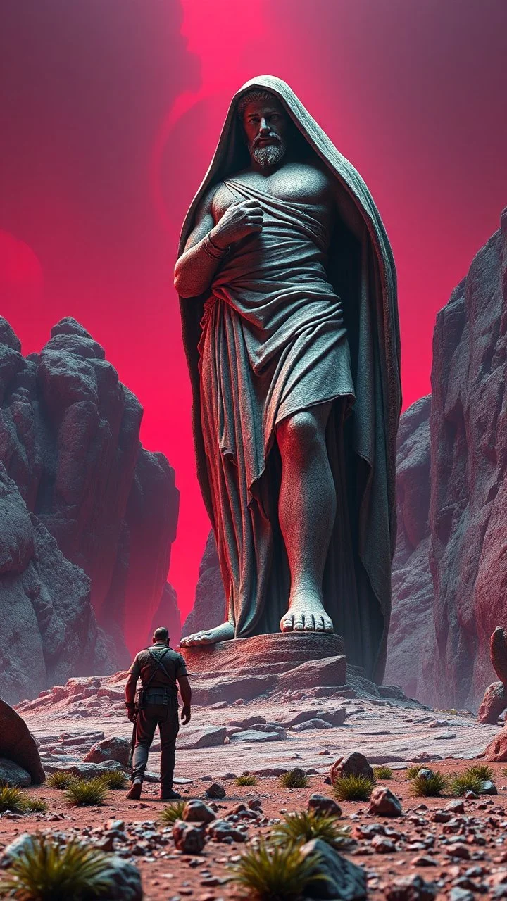 realistic photo of a landscape covered in granite that looks futuristic with futuristic lighting , a huge Roman statue of Troy ,red skin red background standing a giant hooded creature looking at the camera