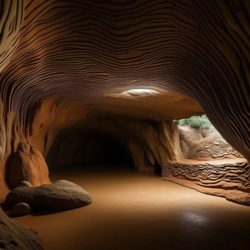 A beige cave with twisting and turning tunnels designed in Australian aboriginal art