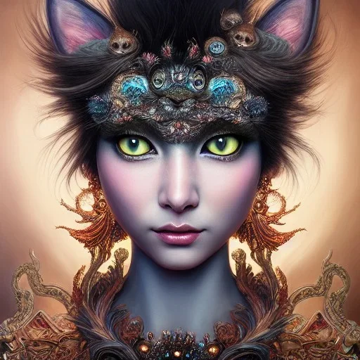 "Insanely detailed photograph of an elaborate beautiful cat goddess intricate glowing skin eyes intricate face hair lashes fur dress hyperdetailed painting by Anna Dittmann Huang Guangjian and Dan Witz CGSociety ZBrush Central fantasy art album cover art 4K 64 megapixels 8K resolution HDR Greek shiny space colours jewelry celestial hair eyes light"