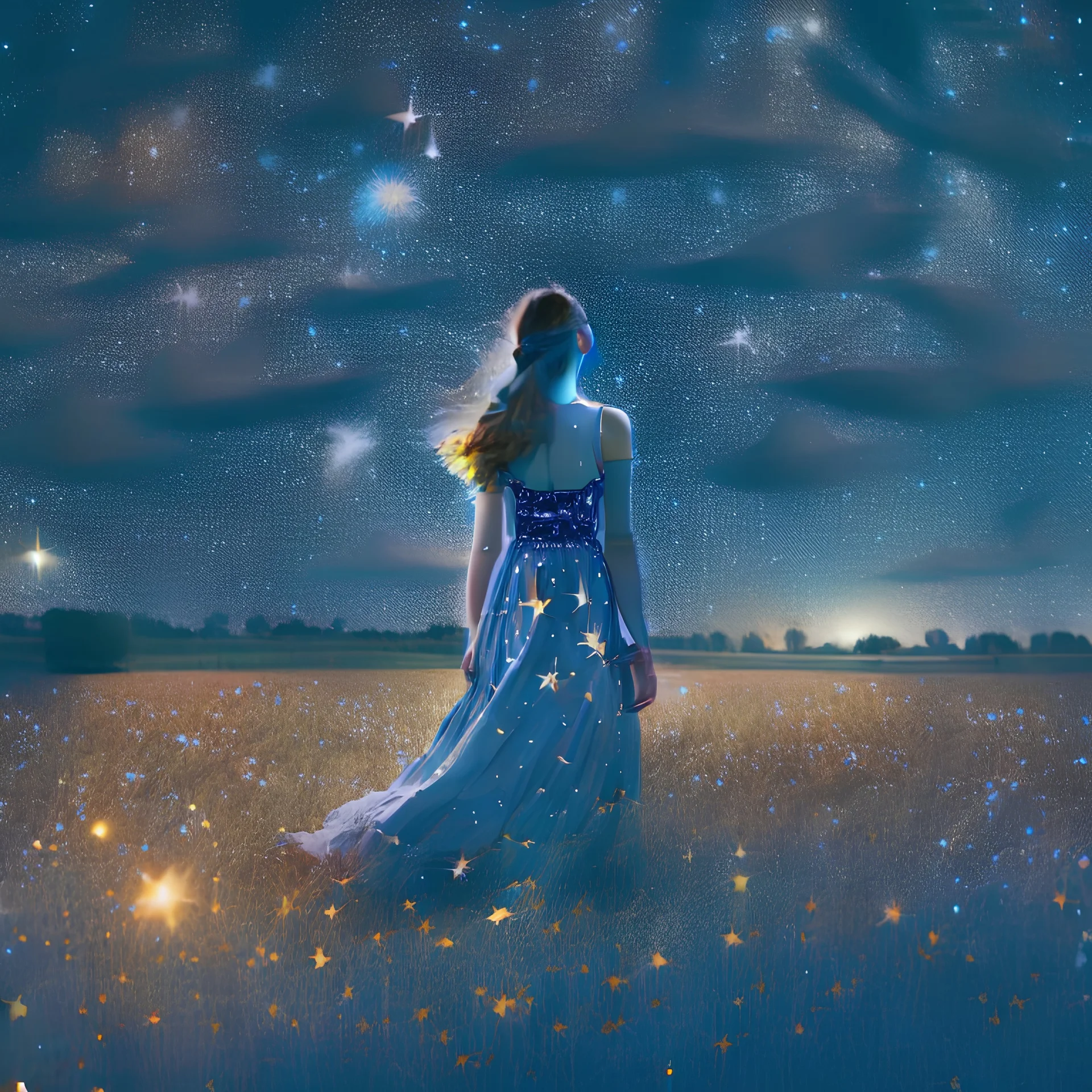 a young woman in a sleeveless dress seen on the back in a field at night with lots of stars, looking at an apparition in the sky