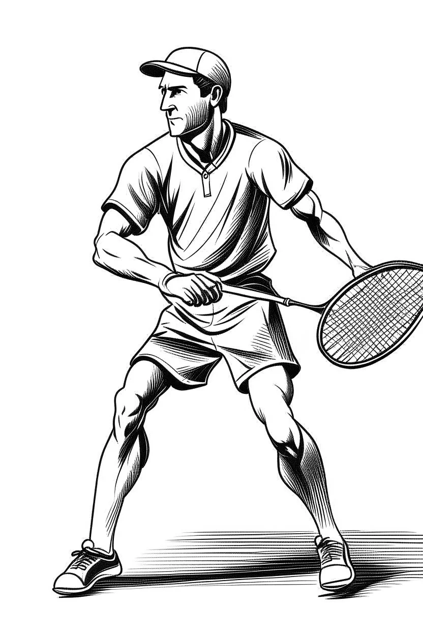 A black and white image of a classic tennis player performing a backhand swing on a grass court. Style: Vintage Photography, Mood: Timeless and Skillful, Lighting: Sunlight with soft shadows, T-shirt design graphic, vector, contour, white background.