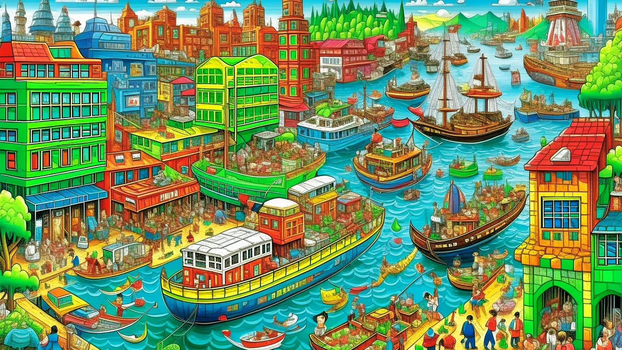 A colorful and vibrant illustration depicting a bustling harbor scene with a large ship in the center, surrounded by smaller boats, ferries, and people on the docks. The background features a mix of buildings, vehicles, and other elements that create a lively and dynamic urban environment. The overall style is whimsical and playful, with a focus on capturing the energy and activity of the harbor setting.