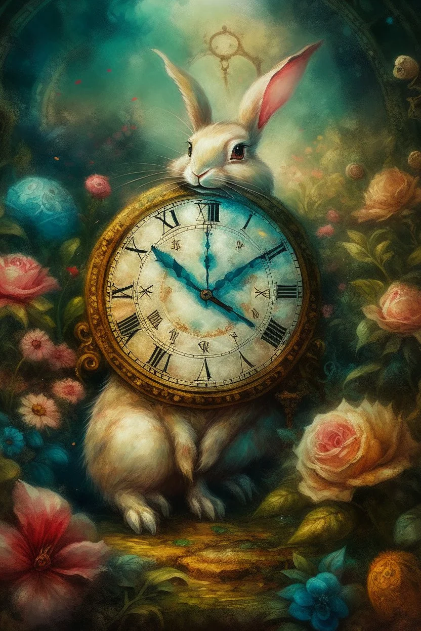 The fairy tale "Alice in Wonderland", a rabbit with a clock hurries among the bushes of vintage roses Oil on silk, work of art, hyperdetalization, professionally, filigree, misty haze,surrealism, transparent, delicate pastel tones, backlight, grunge style, three-dimensional watercolor, aesthetically pleasing, beautiful, realistic, high resolution, high detail, ISO 100 photosensitivity and aperture f/2.8, 1/250 with a 30 mm lens, 32 KB