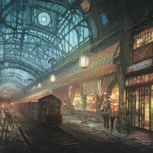 Insanely detailed photograph of an “artitcture plans of a city market at a train station ” with intricate gears, intricate embroidered band, hyperdetailed painting by Ismail Inceoglu Huang Guangjian and Dan Witz CGSociety ZBrush Central fantasy art album cover art,8K, hdr, romantic, mysterious, ominous, flowers, jewelry, steam,oil,cafe,street vendors