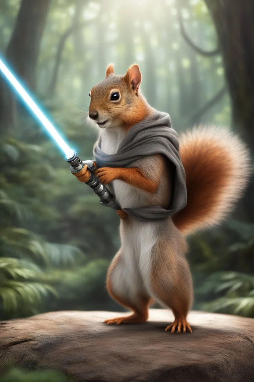 [photo realistic] a squirrel standing with a Jedi cape and a Lightsaber, using the force, jungle in the background