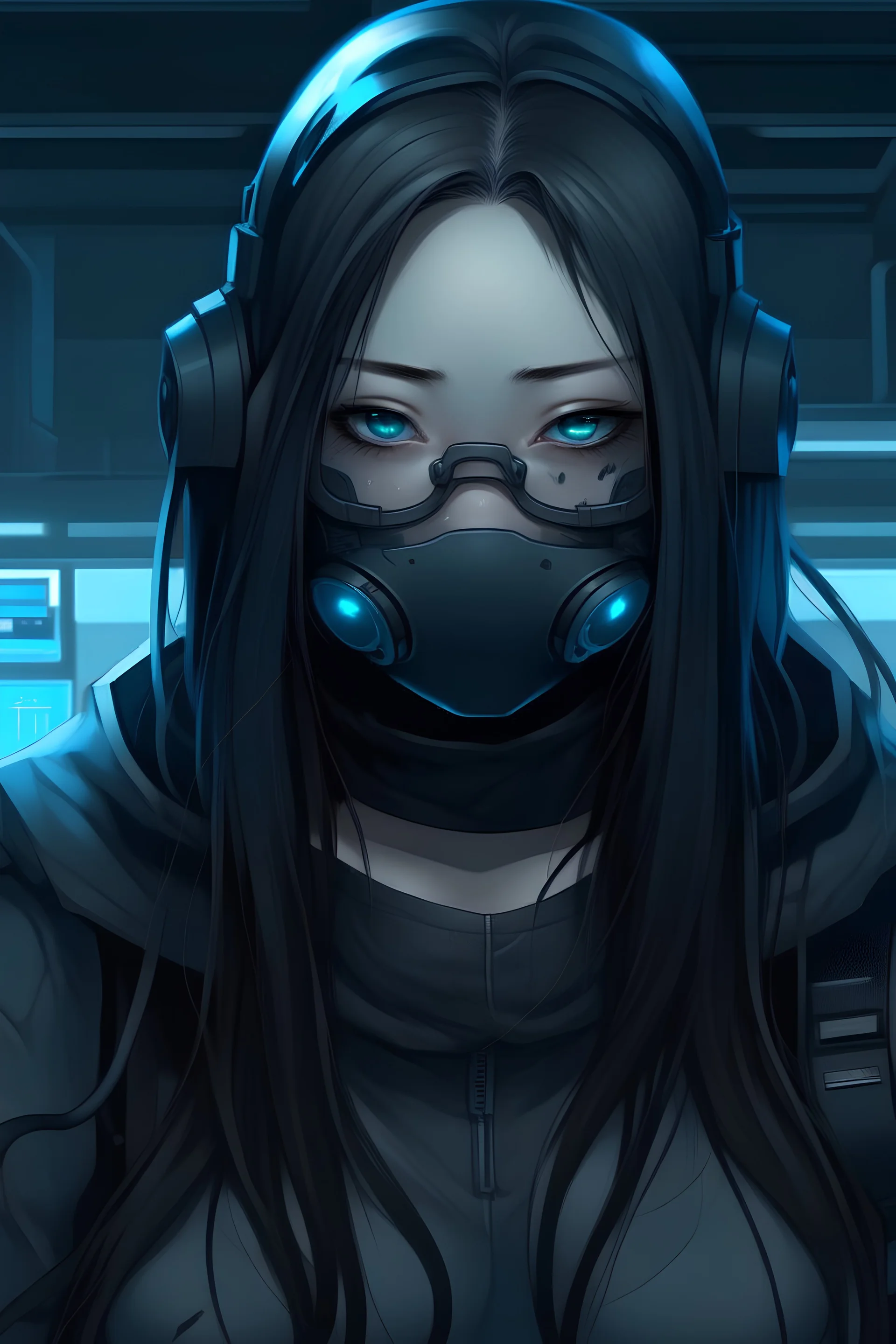 very pale White chubby girl, blue eyes, with kind of a tired look on the face. she has dark brown long hair. dress in black techwear and glasses face mask in a cyberpunk world.