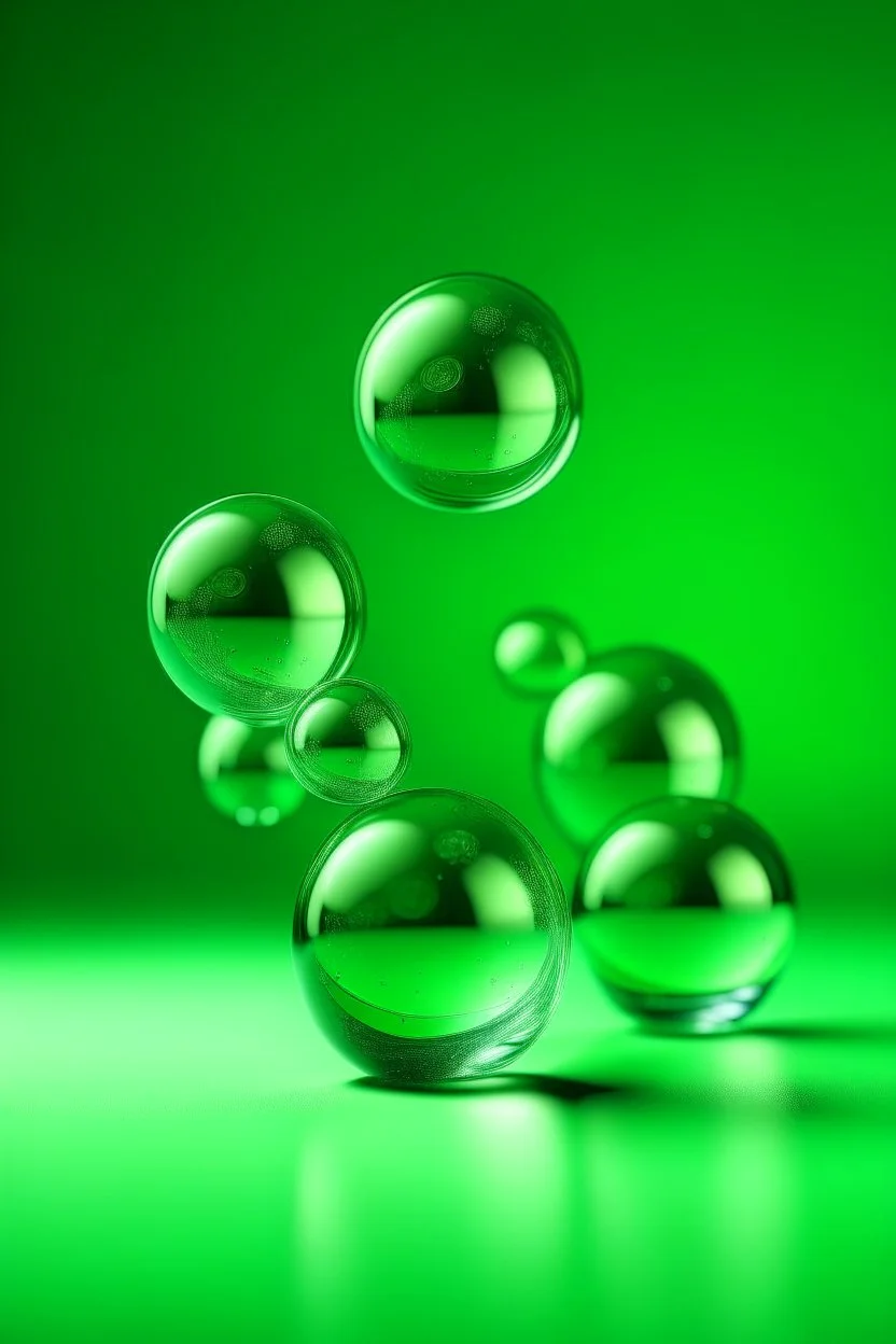 glass balls of different sizes balance in the air, space, behind a light green background and a bright glow