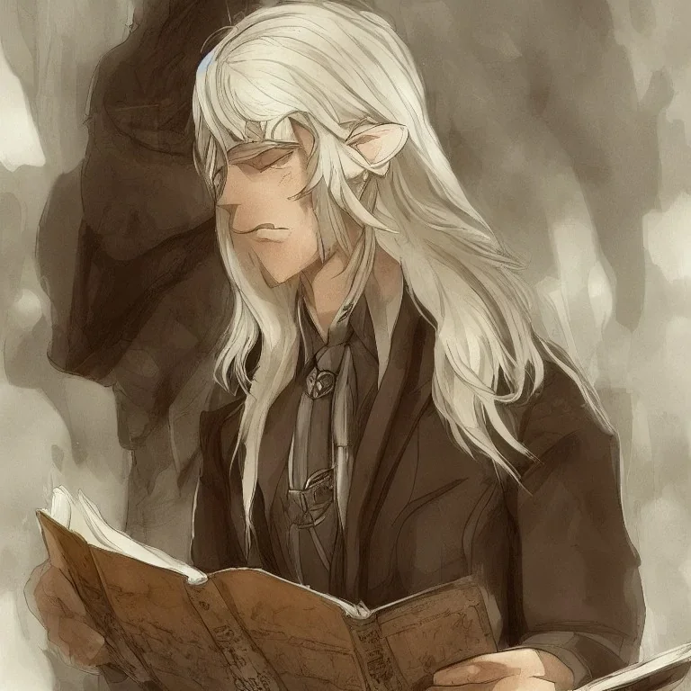 half body shot of calm elf with white hair in brown suit reading a legendary book, fantasy character, somber, gloomy lighting, epic perspective, trending on artstation