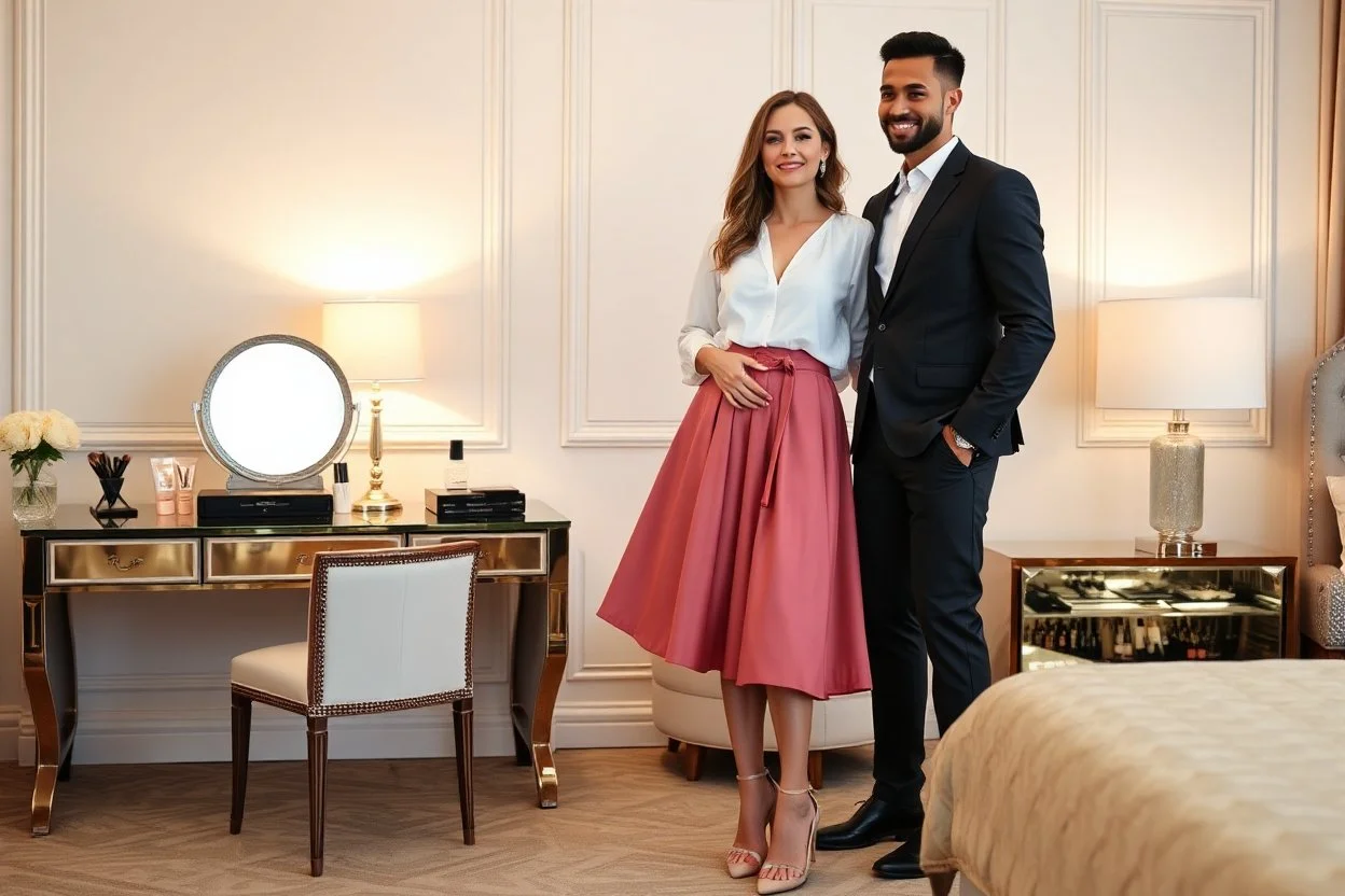 very beautiful lady with beautiful midi skirt and blouse standing next to her couple in a luxury bedroom with high heels next to makeup desk looking to camera
