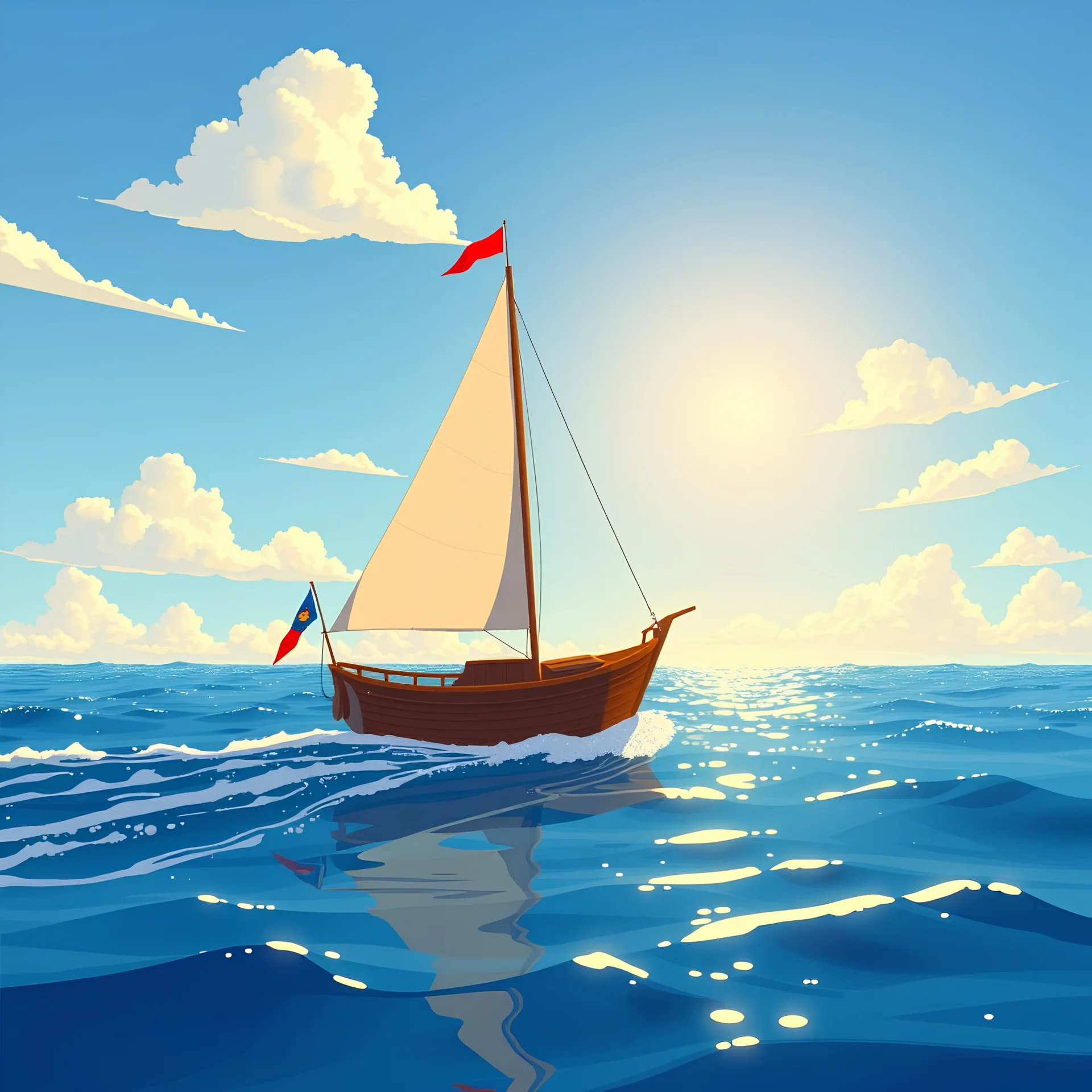 a boat over the seas in the bright blue morning skies, cartoon ghibli style