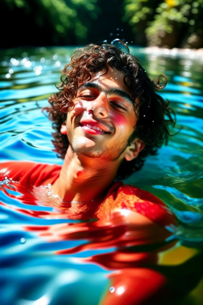 Photograph of a happy young teen male floating in water, relaxing, eyes closed, dark curly hair, full lips, aesthetic physique, cute face, shirtless torso, pale skin tone, flawless skin, smooth skin, thick curly hair, koi fish in water, full body, low camera angle, red swimming trunks, calm clear water, dreamy atmosphere, high resolution, vivid colours