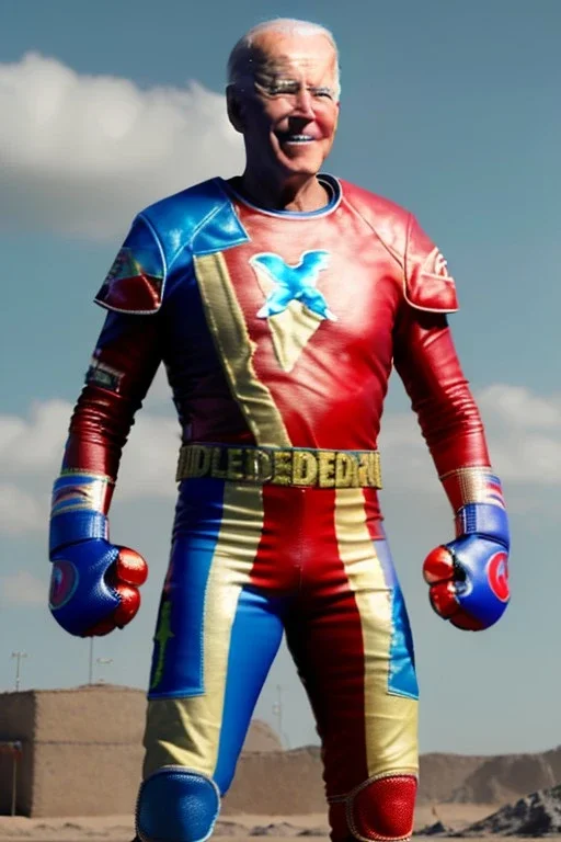 realistic image of joe biden as a mexican wrestling fighter, red and blue breeches, retro style, 80s, vibrant color, highly detailed, sky background, concept art, unreal engine 5, god rays, ray tracing, RTX, lumen lighting, ultra detail, volumetric lighting, 3d, finely drawn, high definition, high resolution.