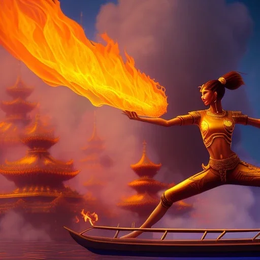 dhalsim spinning,flame, smoke, fence, yoga artist on a boat in the air, maze background , levitated lab equipment, 4k, Highly Detailed, Masterpiece, perfect eyes, Digital Illustration, Cinematic Lighting, Realistic, Sharp Focus, Centered, Beautifully Lit, Bioluminescent by Stanley Artgerm Lau