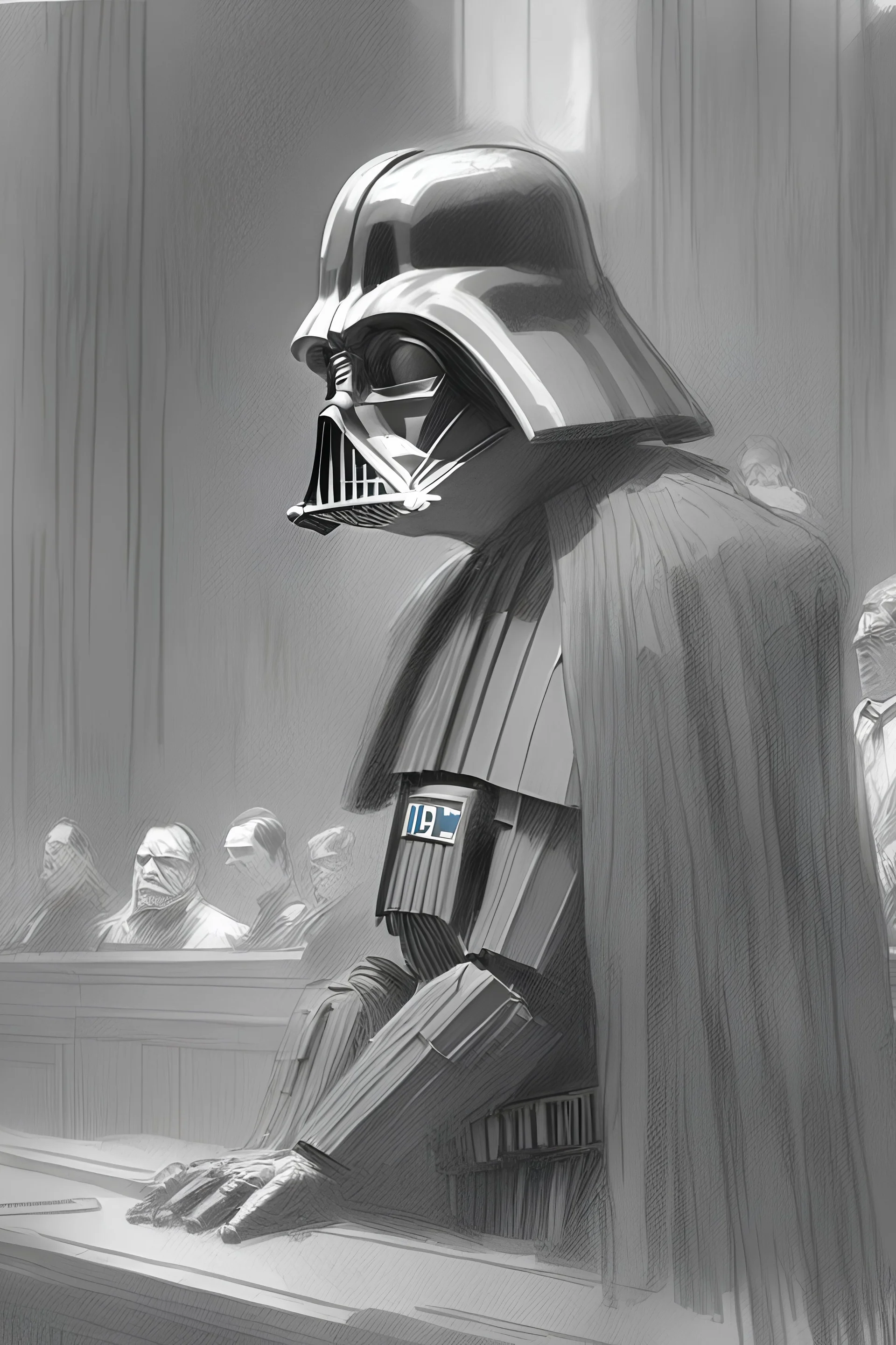 Darth Vader on trial, courtroom sketch, black and white