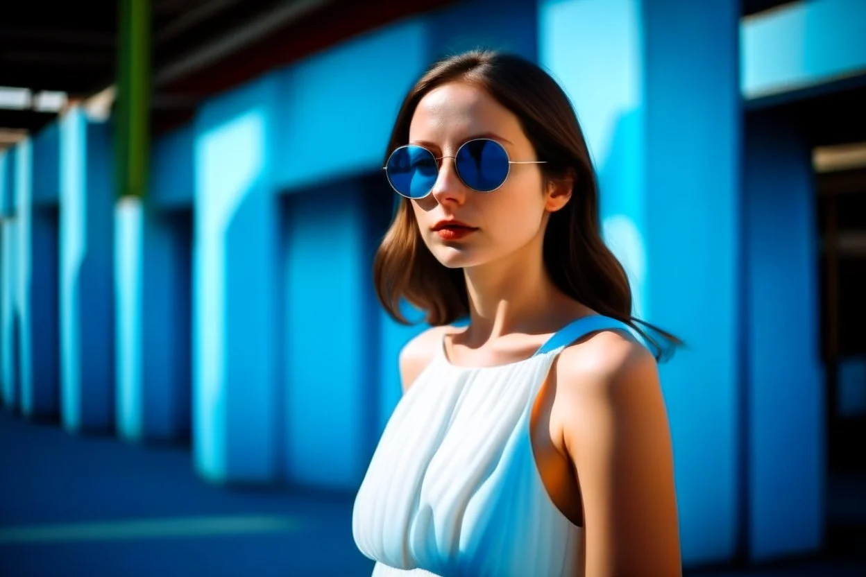 On a pop blue photographic background, a woman in a white dress, brunette, round sunglasses, 16K, real photography, advertising photography, shot with a Leica camera, 35mm lens, powerful lighting