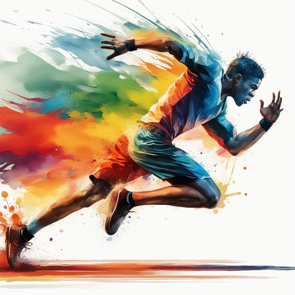 A young athlete running directly at the camera with a ferocious expression. The image is captured in a dynamic watercolor style, showing vibrant colors and smooth brush strokes. Splashes and splashes around the <athlete> suggest his swift movement and wild energy. The case is particularly detailed with bright colors to emphasize its imposing size and the regal presence of the <athlete>.