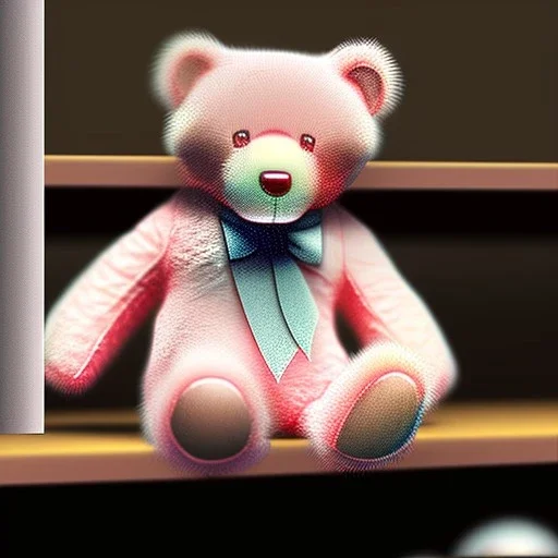 pastel pink teddy bear sitting on a store shelf alone, sad, drawing, dusty