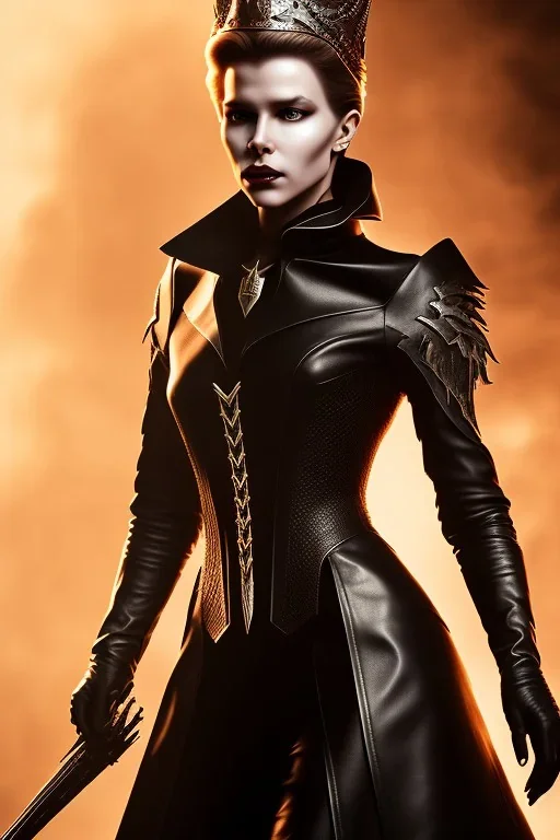 shae marks as evil queen in black leather, leather, angry, stern look, volumetric lighting, particales,highly detailed,cinematic, deep colours,8