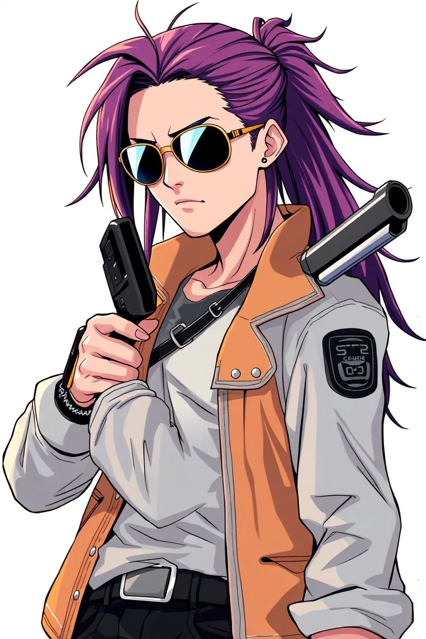 male cyberpunk solo with long hair tail, Norwegian, Wearing Leisureware and mirrored sunglasses, armed with heavy revolver, lean, nice, Anime Style, Retroanime, Video Game Character