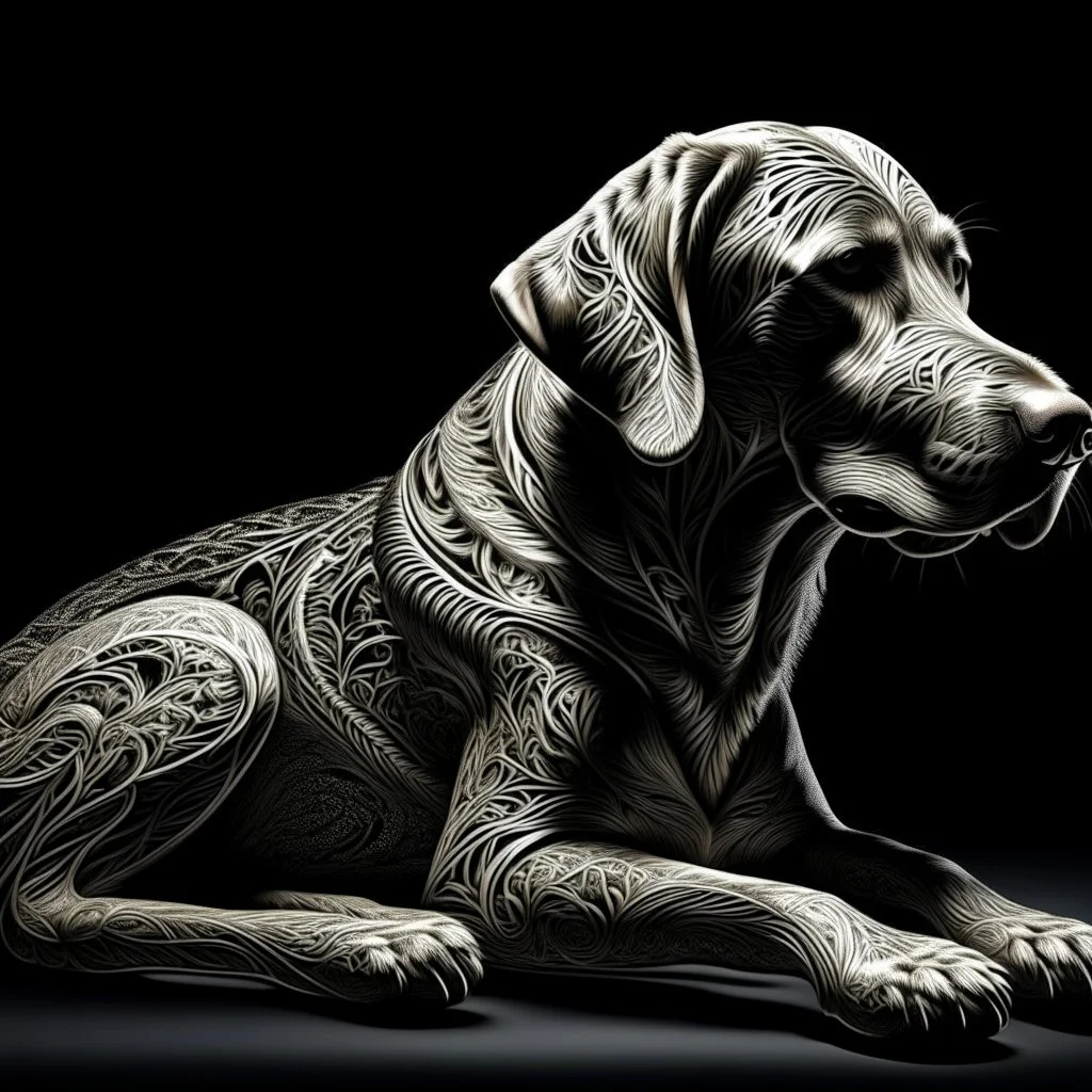 a black and white 3D image of a full body light brown labrador lying down, surreal and otherworldly, intricate linework, mind-bending composition, intricate patterns in the fur, specialy in the facemasterful use of light and shadow,masterful use of light and shadow,masterful use of light and shadow, dreamlike quality, detailed linework akin to Moebius, intricate details, vibrant and contrasting colors, Artstation for showcasing.