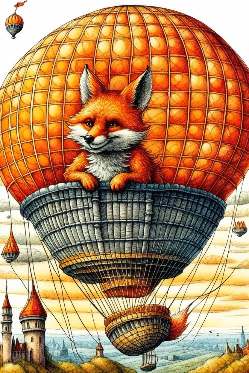 Color illustration of a ultra photo realistic happy red fox sitting "inside" a detailed wicker basket which is hanging below a perfect round orange colored hot air ballon nothing should be hanging from the basket, full image of hot air ballon, every element; fox, wicker basket, ballon should be in proportion to one another, in the background you can see the leaning tower of Piza