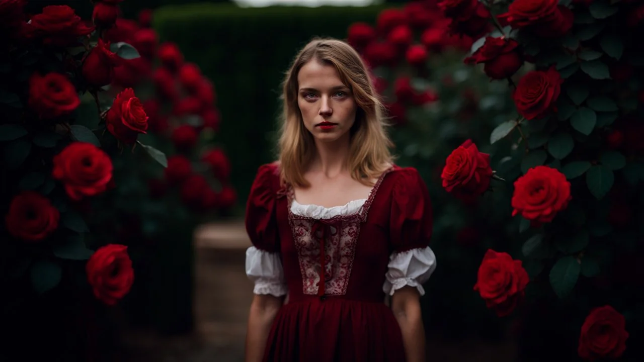 back to the camera a dark blonde young woman in old hungarian pale villager clochts stands in front of the nice red rose bush, und dark red running roses around, high detalied, sharp focus, high realistic, perfect photo