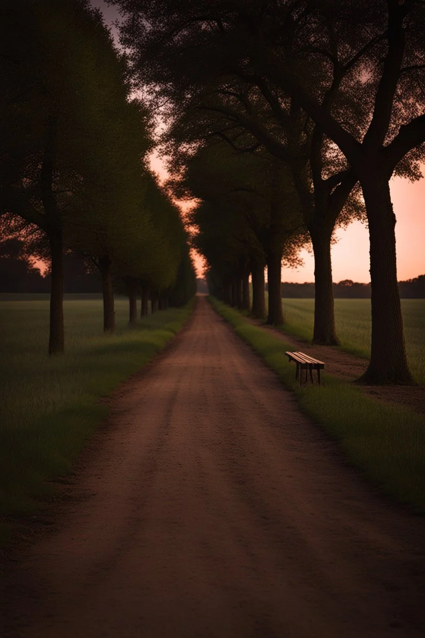 Night, square bench, dirt roads, trees, photography